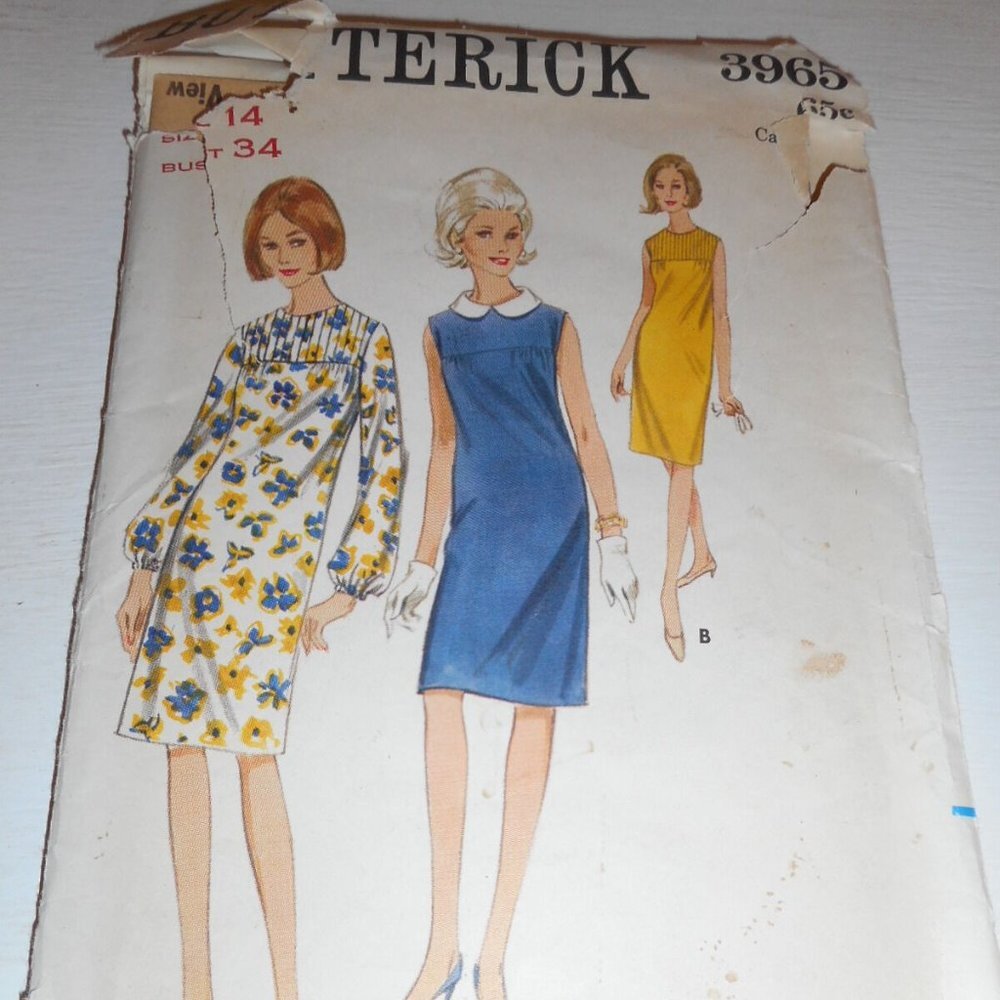Vintage 1960s Butterick Size 14 3965 dress bust 34